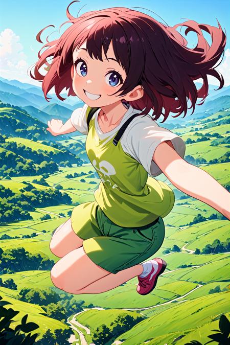 00609-2483986061-1girl,jumping,shorts,t-shirt,landscape,looking at viewer,smile,sky,medium hair__best quality,.png